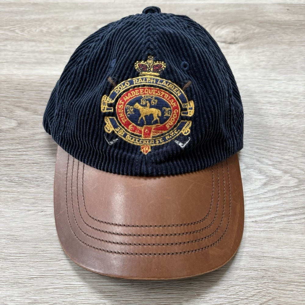 Vintage 90's RARE Polo Ralph Lauren Blue Corduroy Sportsman Hat Leather Bill